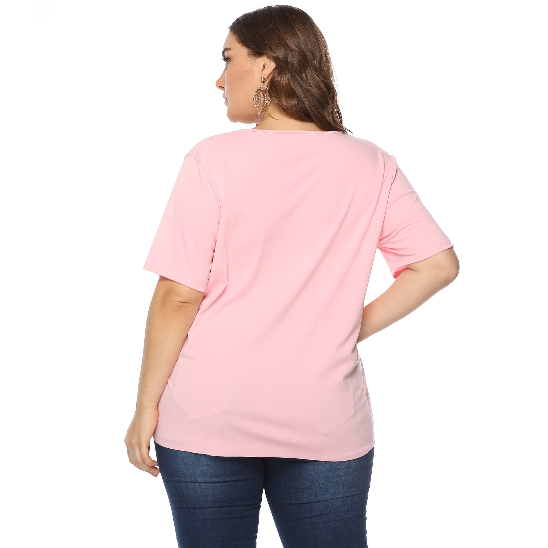 Cross-border plus size women's solid color burnt flower hollow wave edge simple casual round neck short sleeve T-shirt top for women 10019
