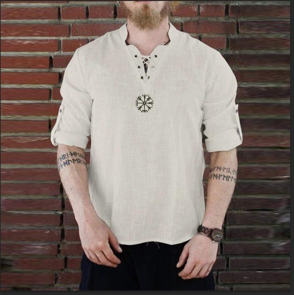 2023 cross-border wish cross-border cotton and linen fashion embroidered long sleeve stand collar shirt T-shirt men's long sleeve T-shirt