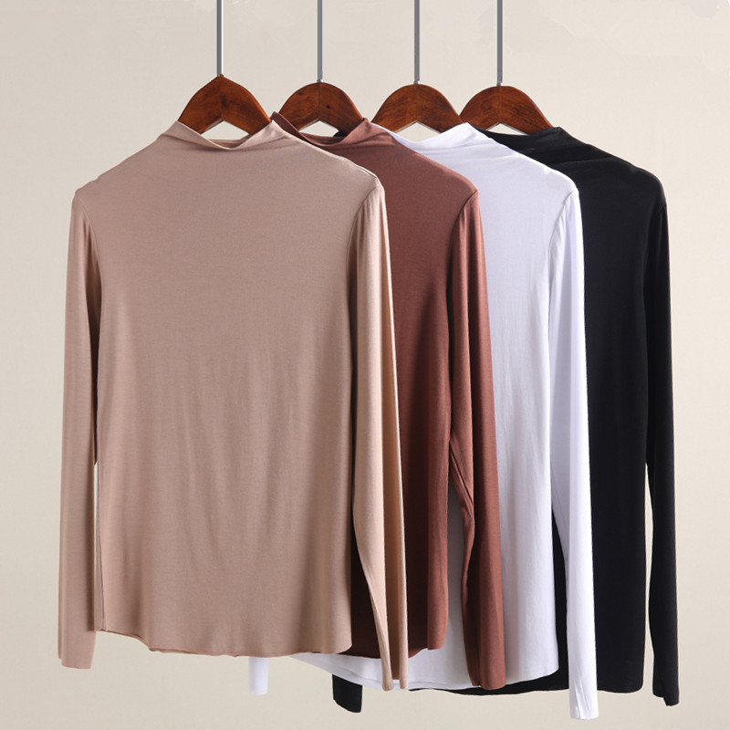 Autumn and winter new style seamless modal half-high collar solid color long-sleeved T-shirt women's slim large size versatile bottoming shirt