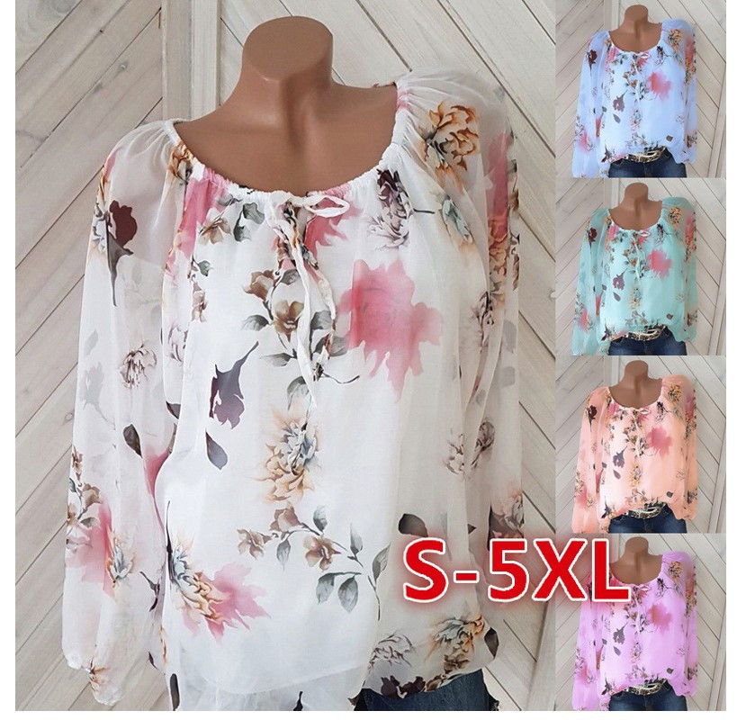 Amazon ebay popular European and American women's sexy off-neck printed chiffon shirt
