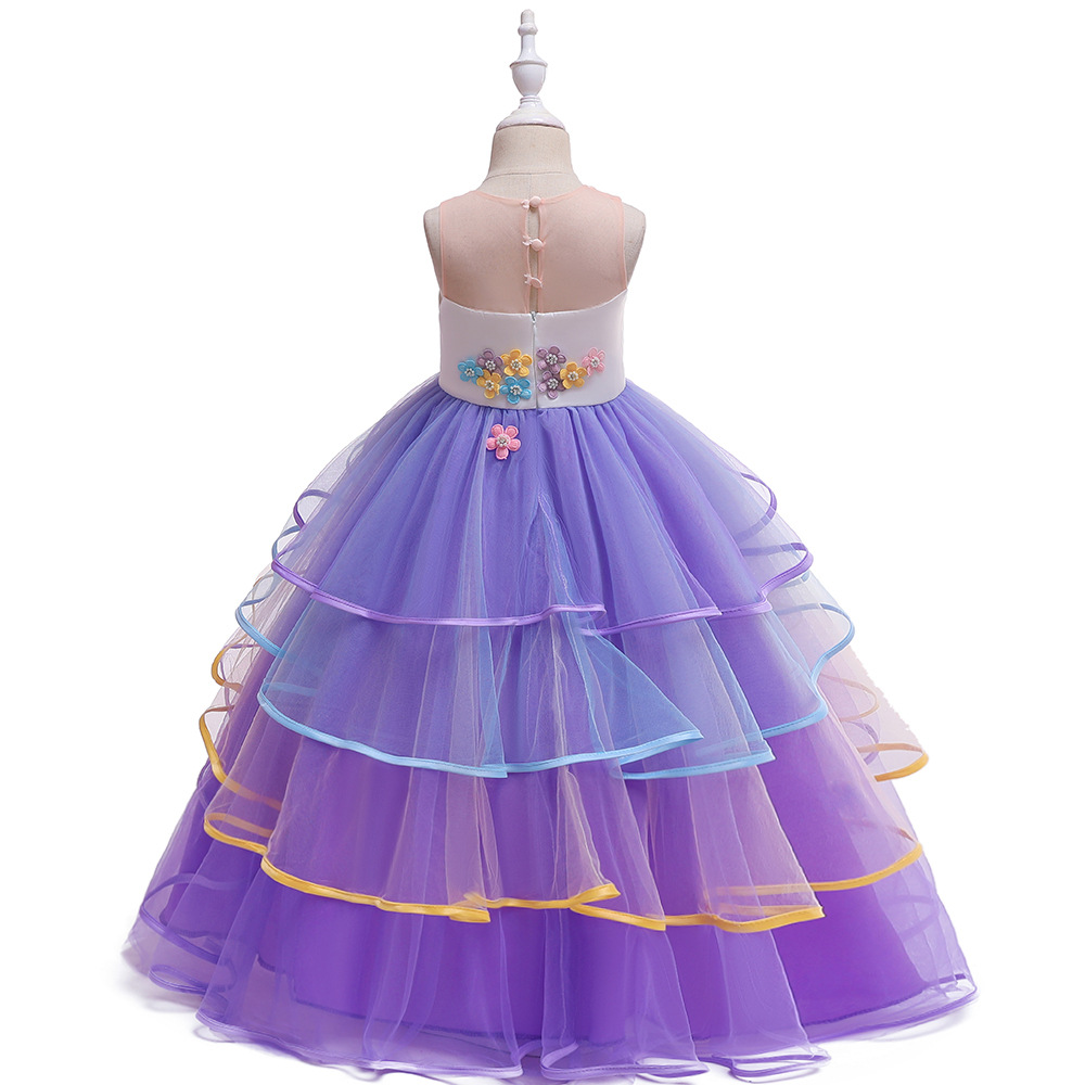 2024 Long Colorful Net Yarn Cake Puff Skirt Unicorn Princess Dress Holiday Performance Gown For Children Age 3-12