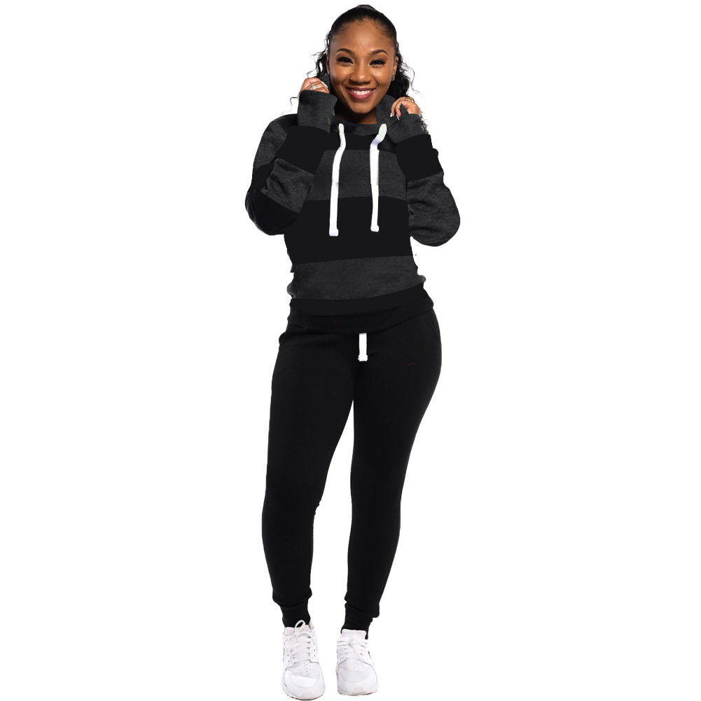 X6005 Cross-border Stripe Stitching Hooded Sweatshirt Pants Set Amazon Explosions European and American Women's Wear