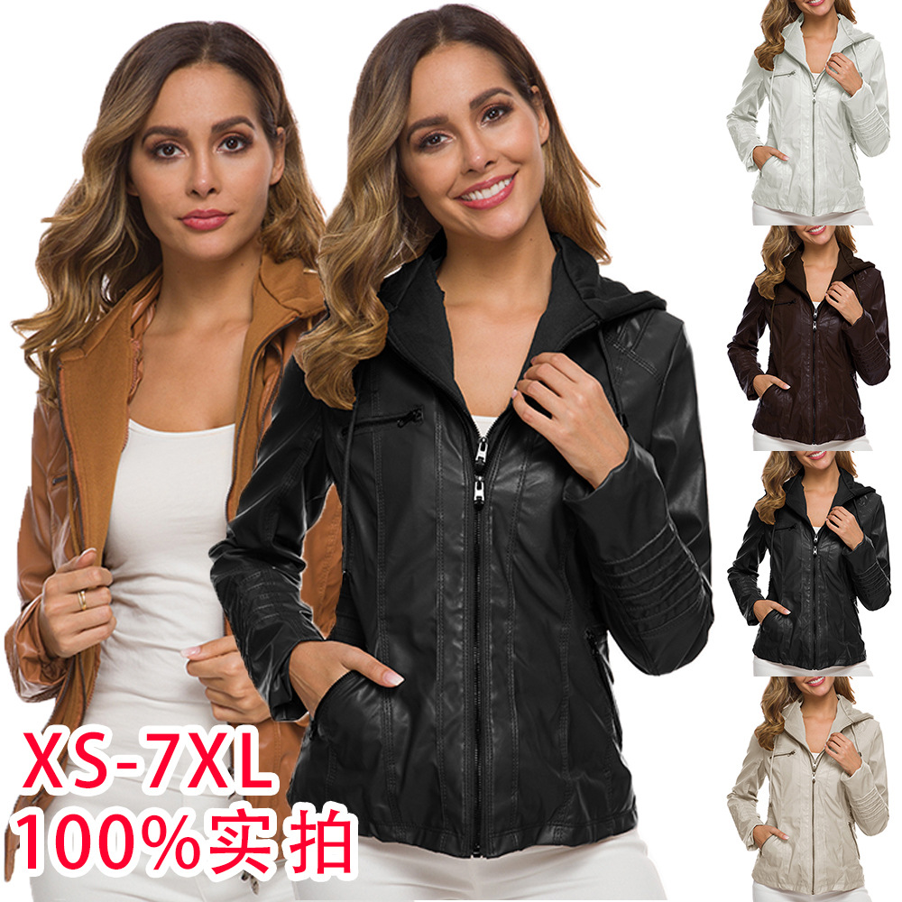 Amazon European and American Women's Independent Station Jacket Coat Detachable Hooded PU Women's Leather Jacket Women's Leather Jacket