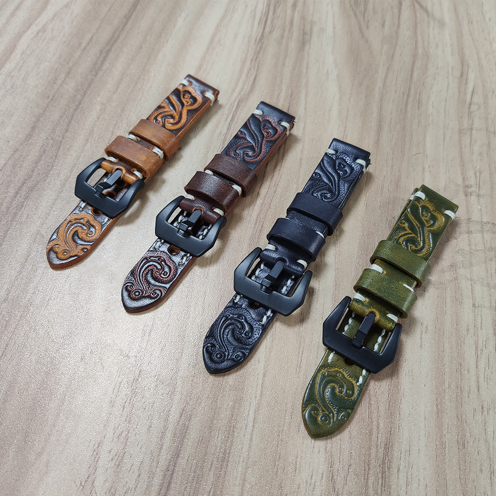 Vintage embossed watch strap handmade watch strap fat sea Black Watch strap 18 20 22mm 24mm genuine leather watch strap