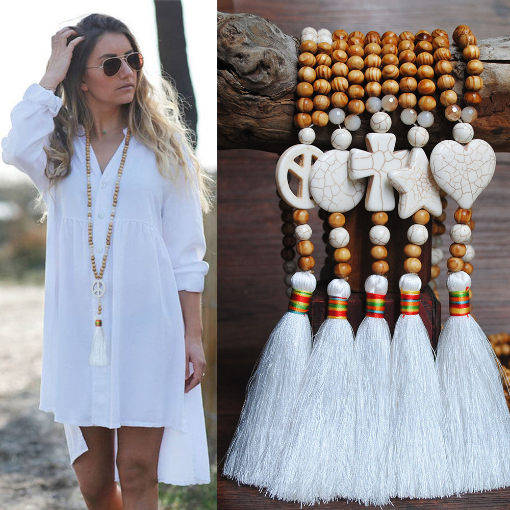 temu hot selling handmade string wooden bead necklace women's cross turquoise long tassel sweater chain cross-border jewelry wholesale