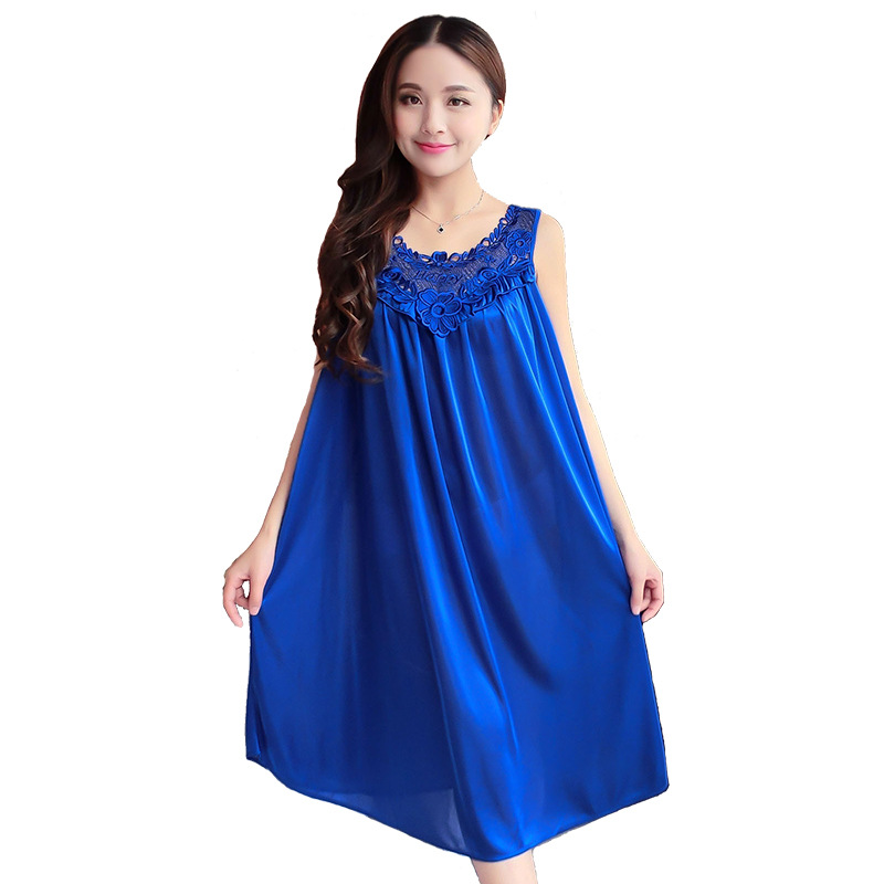 Spring and Summer Silk Nightgown Women's Sexy Nightgown Summer Ice Silk Lace Large Dress Solid Color Home Clothes