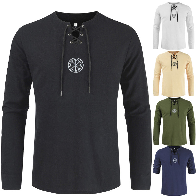 2023 Foreign Trade Men's Cross-border Amazon Fashion Cotton and Linen Embroidered Long Sleeve Shirt Men's Tether Collar Large Size Shirt