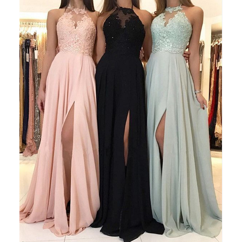 2020 Summer New European and American Amazon Hanging Neck Lace Chiffon Dress Ball Evening Dress Split Long Dress New