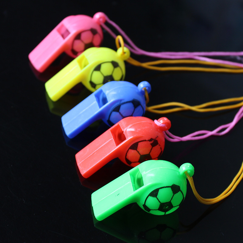 Hot selling sporting goods wholesale children with rope plastic football whistle World Cup football referee whistle send rope