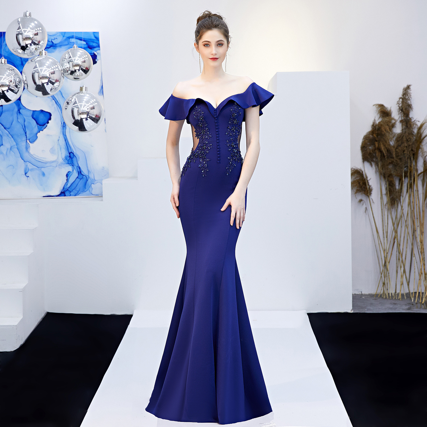 16268# Toast Dress Bride Long Red Off-shoulder Appreciation Banquet Slim Fishtail Dress Wedding Evening Dress for Women