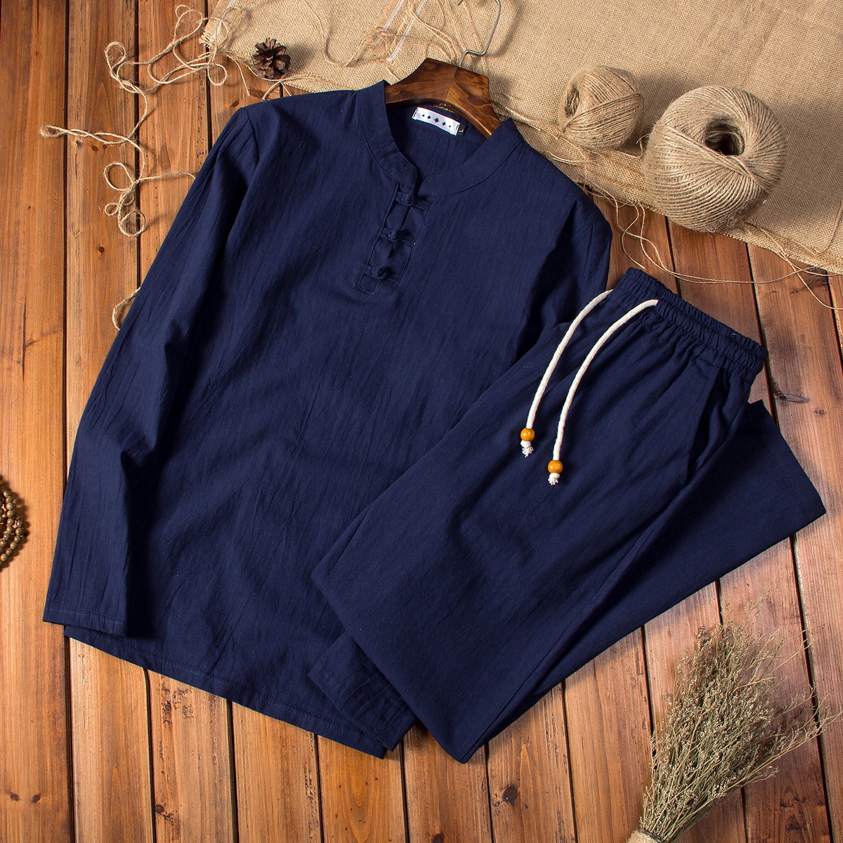 Spring and Autumn New Chinese Style Men's Solid Color Cotton and Linen Long-sleeved Pants Set Men's Large Size Loose Fashionable Two-piece Set