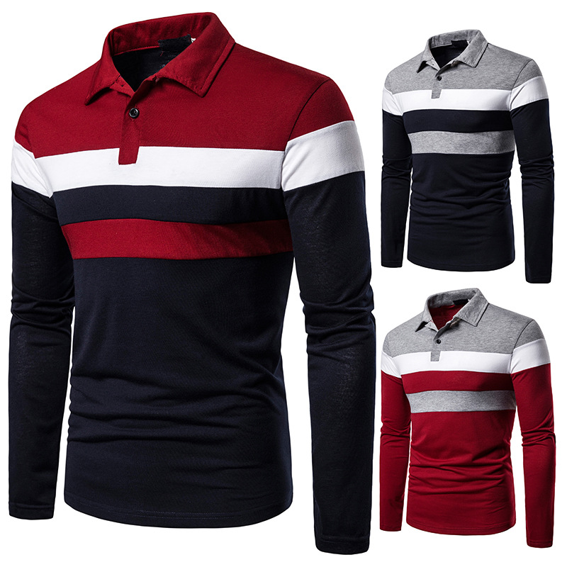 Men's POLO three-color stitching fashion design casual cross-border Men's lapel long sleeve POLO B56