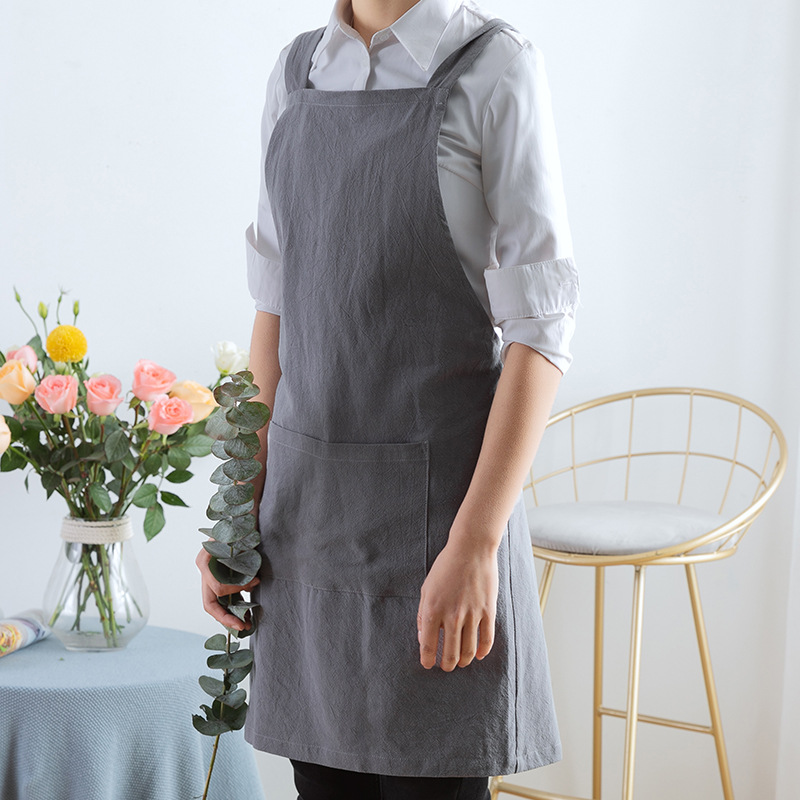 Tie-Free Japanese Style Solid Color Simple Round Edge Washed Cotton and Linen Apron Household Cafe Work Clothes Apron Cover