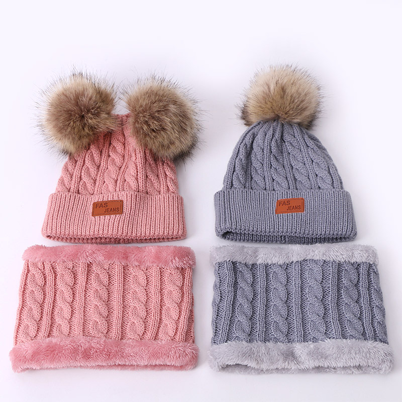 Winter children's scarf hat two-piece set pom-pom baby baby knitted hat warm wool plus velvet thickened neck cover