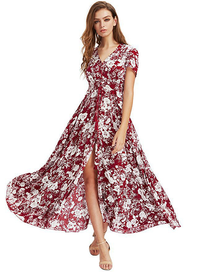Amazon New Bohemian Retro Ethnic Pattern Vacation V-Neck Loose Long Dress