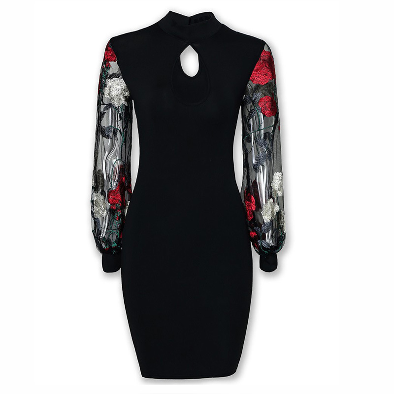 Cross-border autumn and winter new mid-length dress European and American sexy lace embroidery hip dress Amazon WISH women's clothing