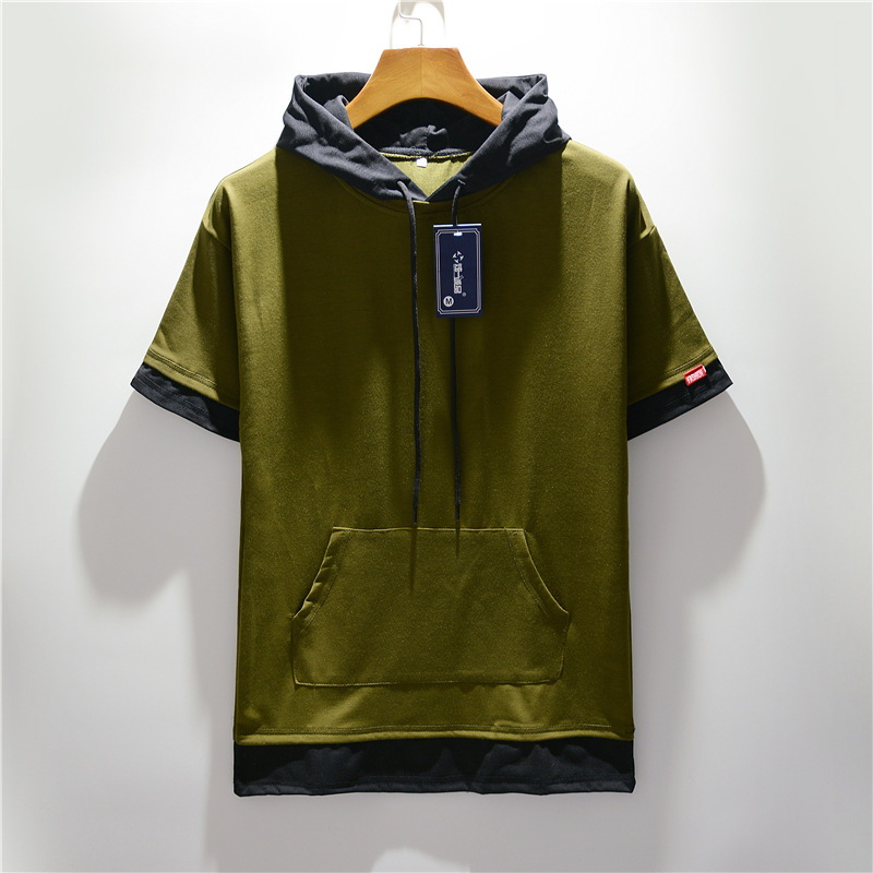 Summer new men's plus size hooded color matching short-sleeved T-shirt casual loose large pocket T-shirt half-sleeved men's top