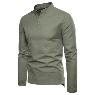 2019 New Spring Men's Casual Slim-fit Standing Collar Color Long Sleeve Linen Shirt Men's Color Base Shirt
