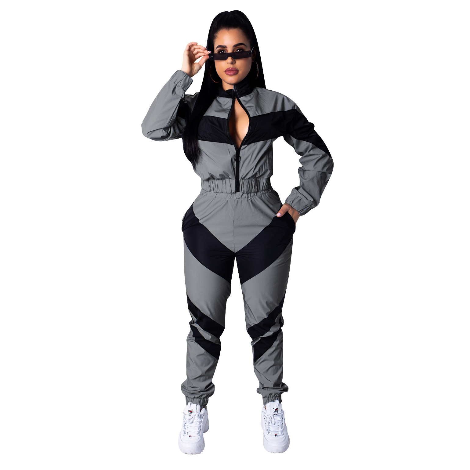 D9056 European and American women's solid color two-color stitching long sleeve windbreaker suit [pants without pocket]]