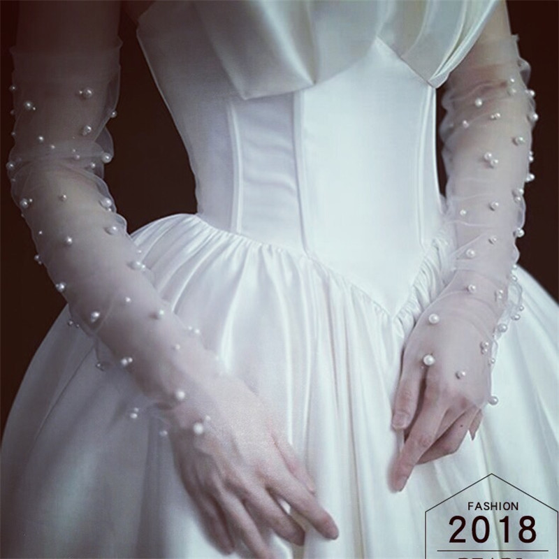 Bridal gloves white wedding Pearl gauze gloves white gauze long travel photography arm cover summer thin_voghion.com