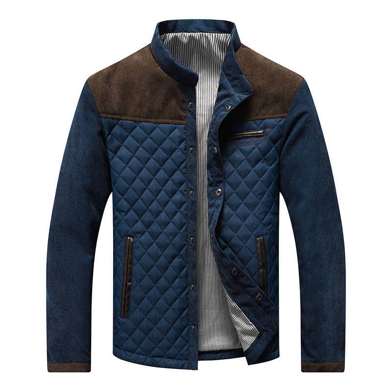 Spring and Autumn Thickened Blue Fit Youth Casual Hooded Plaid Side Slip Pocket Spot Zipper Jacket