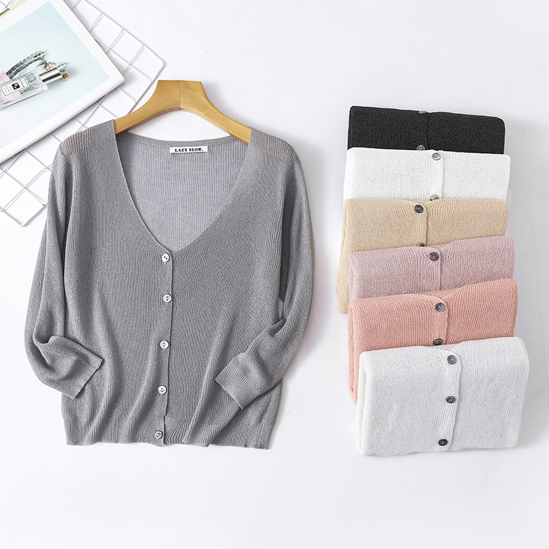 Summer Sunscreen Cardigan External Ice Silk Knitted Sweater Women's Short Ice Hemp Shawl Seven-sleeve Air-conditioning Shirt Ultra-thin Jacket