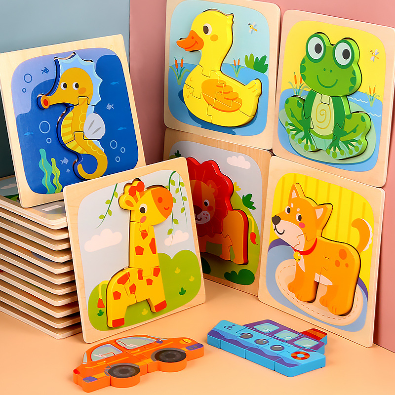 Hot selling toys wooden children cartoon Three-dimensional puzzle training concentration early education building blocks animal matching puzzle 3d