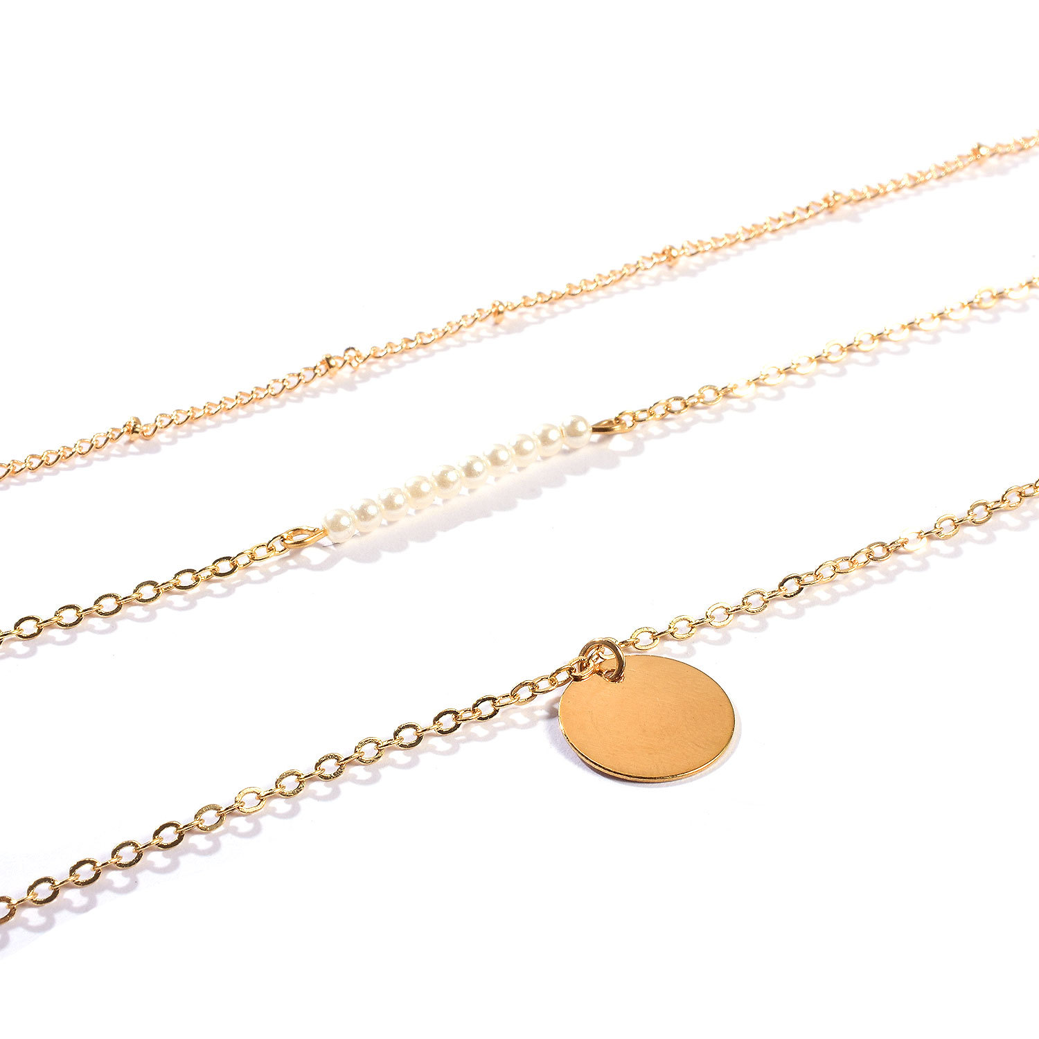 European and American foreign trade hot new copper bead chain Pearl round sequin multi-layer set short necklace