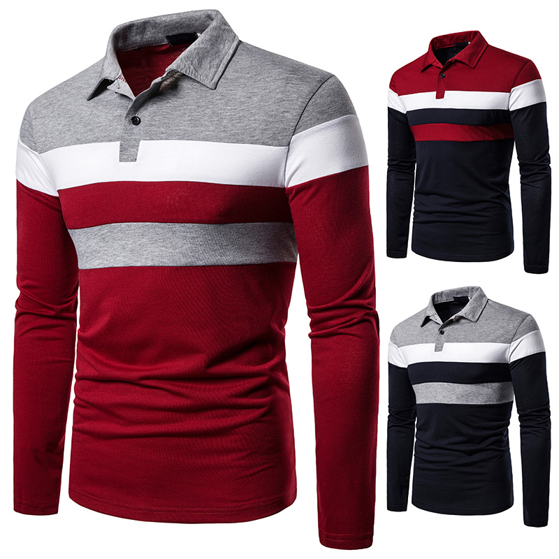 Men's POLO three-color stitching fashion design casual cross-border Men's lapel long sleeve POLO B56