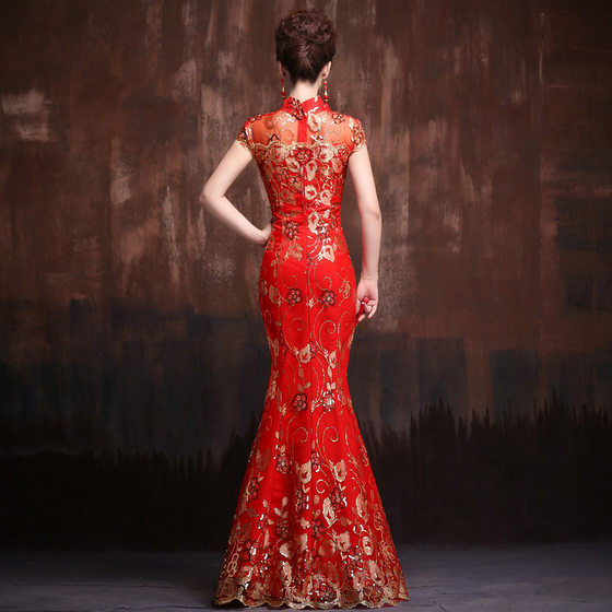 Bridal wedding toast dress red welcome cheongsam fishtail stage performance chorus dress etiquette dress long