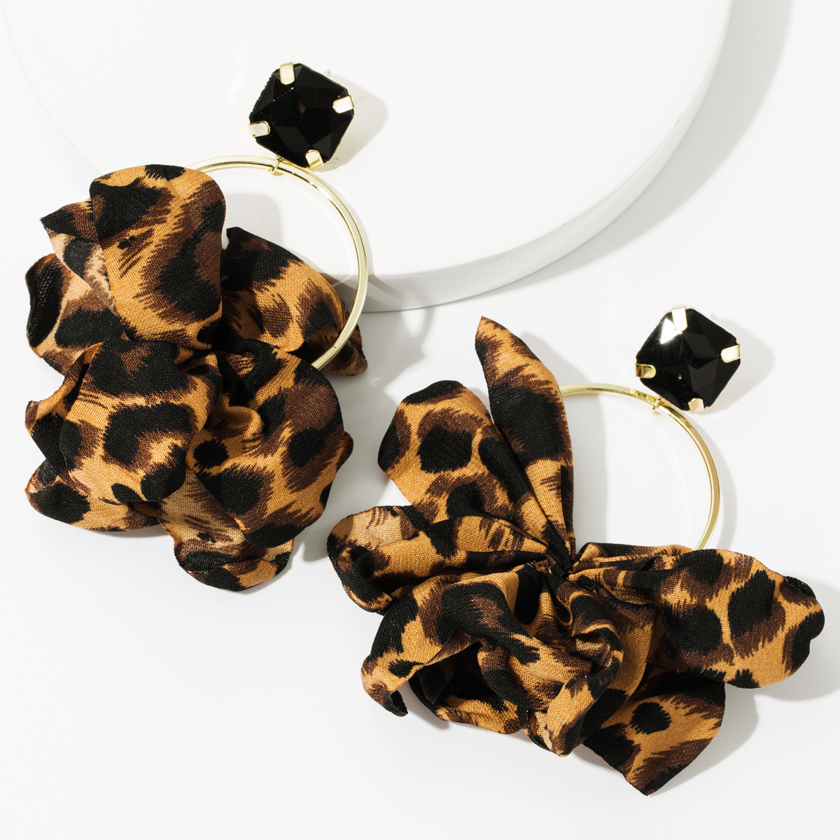 歐美范蕾絲花卉S925銀針耳環女性感豹紋鑲鑽耳釘秋冬新款earrings
