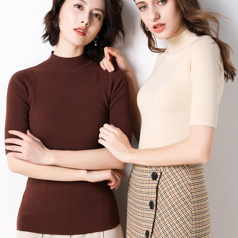 White T-shirt Women's Spring 2022 New Korean-style Half-sleeve Solid Color Slim-fit Middle-sleeve Top with 5-sleeve Knit Sweater
