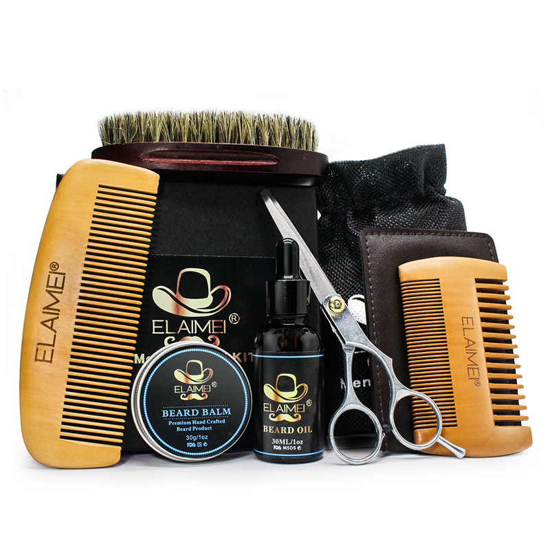 Elaimei new beard care suit men's beard repair suit Hu ointment comb bristle 6-piece set