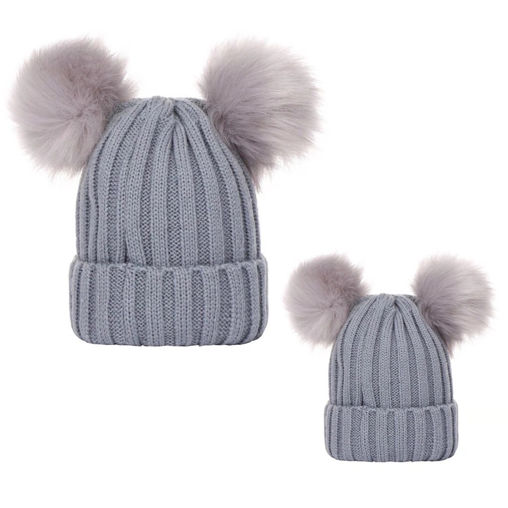 New parent cap European and American autumn and winter threaded baby cap double fur ball knitted cap cap cap cross-border