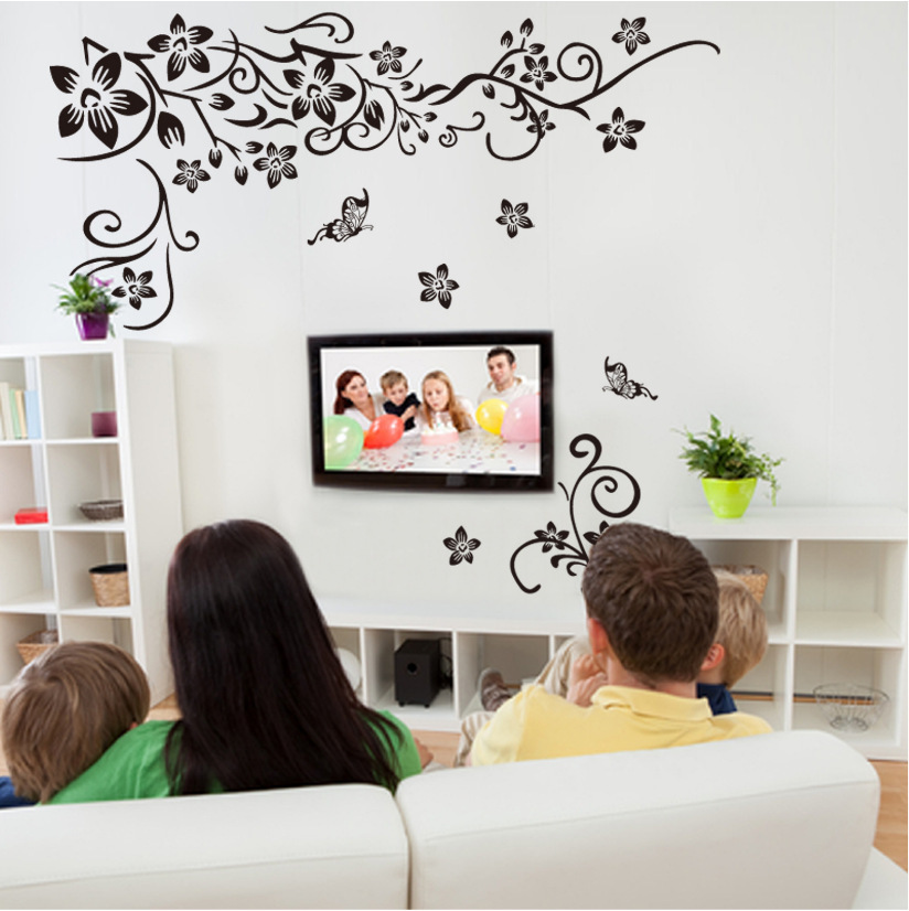 Popular Black Butterfly diagonal Vine European and American black TV background wall sticker JM8382 factory wholesale