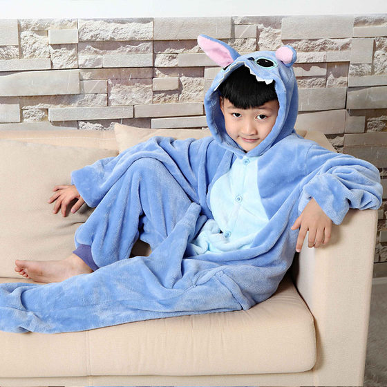 Source Factory Blue Boy Blue Boy Blue Rose Red Stitch Cartoon Animal Conjoined Pajamas Flannel