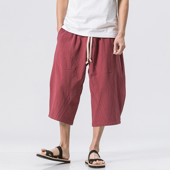Linen Capri Pants Men's Summer New Men's Loose Solid Color Sports Casual Pants Large Size Chinese Style Cotton and Linen Pants