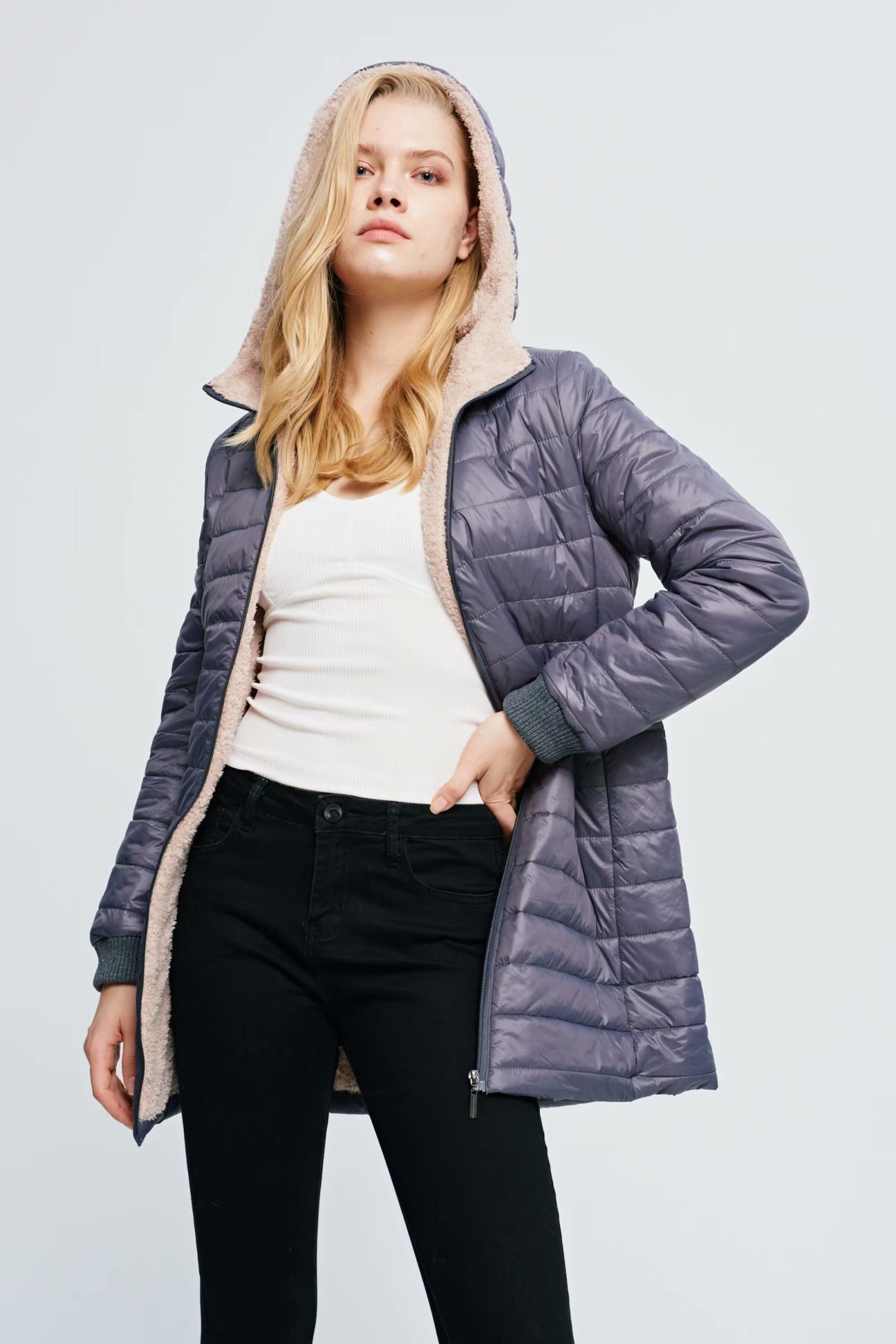 24 autumn and winter new long Korean style hooded slim fit plus velvet cotton long hooded plaid cotton women's cotton-padded jacket_voghion.com