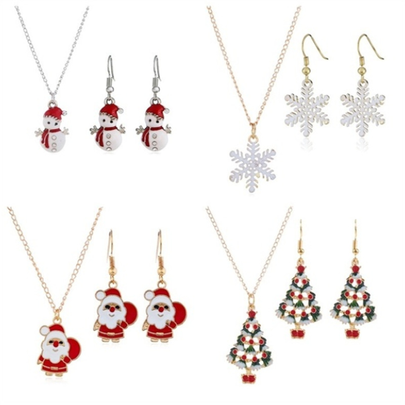 Amazon Cross Border Jewelry Cute Cartoon Oil Drop Color Christmas Tree Christmas Gift Earrings Necklace Set