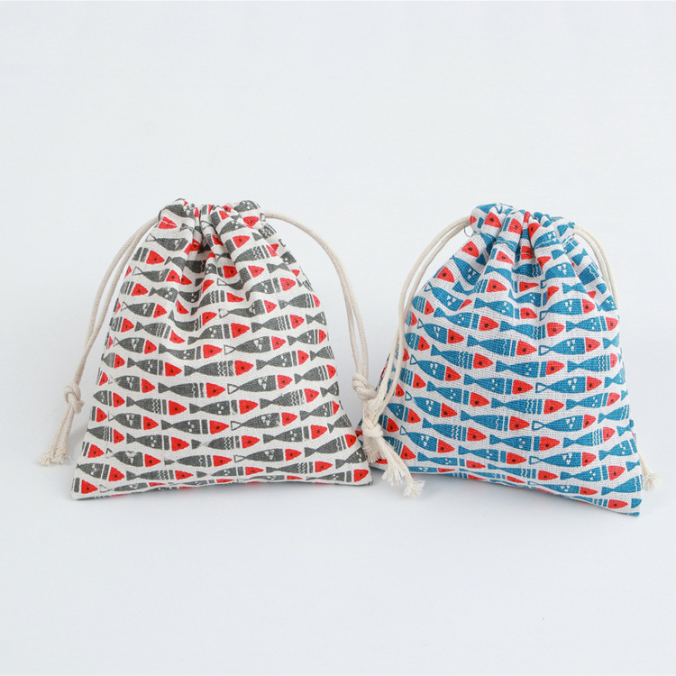 Storage Bag Coin Bag Bag Travel Bag Cotton and Linen Drawstring Bag Tea Japanese Style and Wind Blue Fish