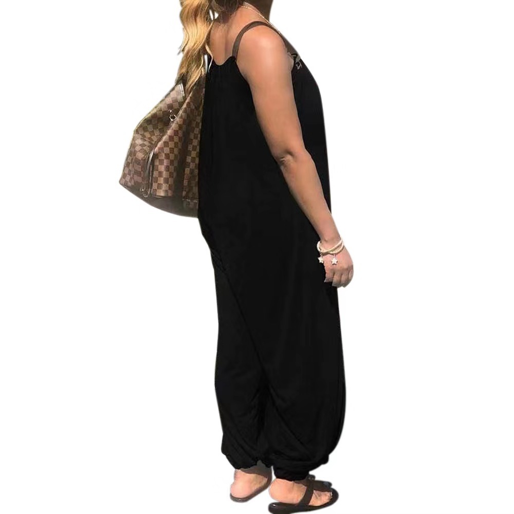 Amazon popular European and American women's solid color loose jumpsuit casual fashion bow shoulder strap sling jumpsuit