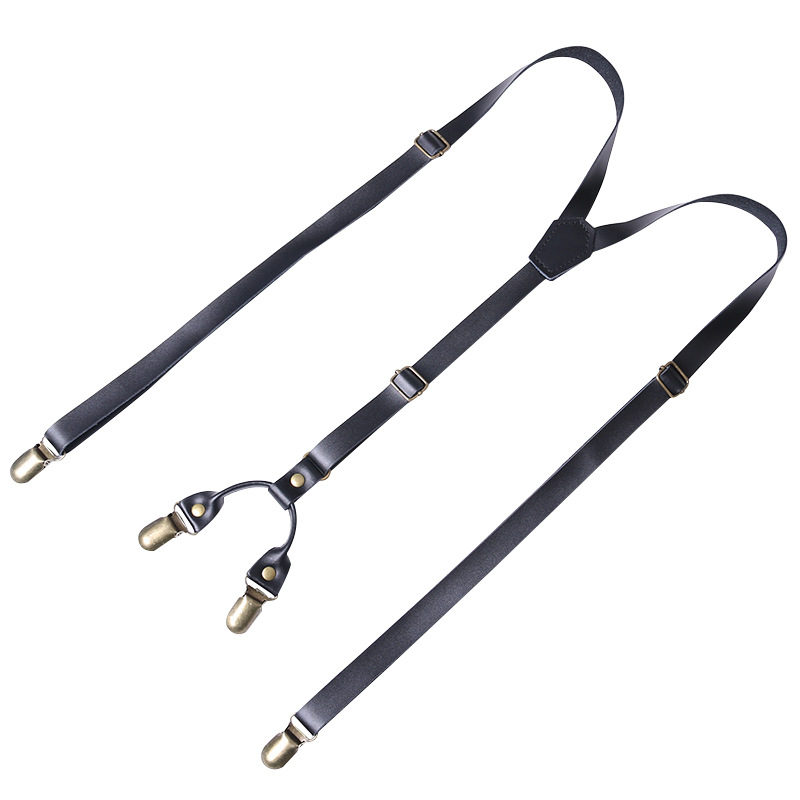 Vintage Suspender Adult Four-clip Jeans Suspender Strap Men's and Women's Narrow Cowhide Suspender Strap