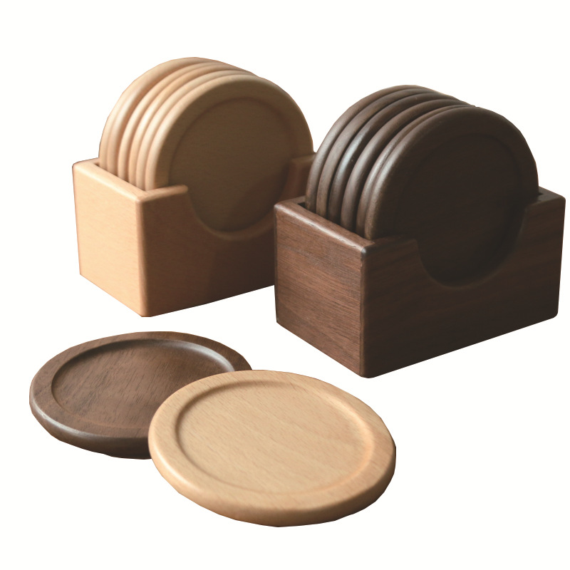 Japanese Style Wooden Coaster suit Black Walnut Solid Wood Round Placemat Heat Insulation Mat 6 Pieces Boxed Base Engraving Logo