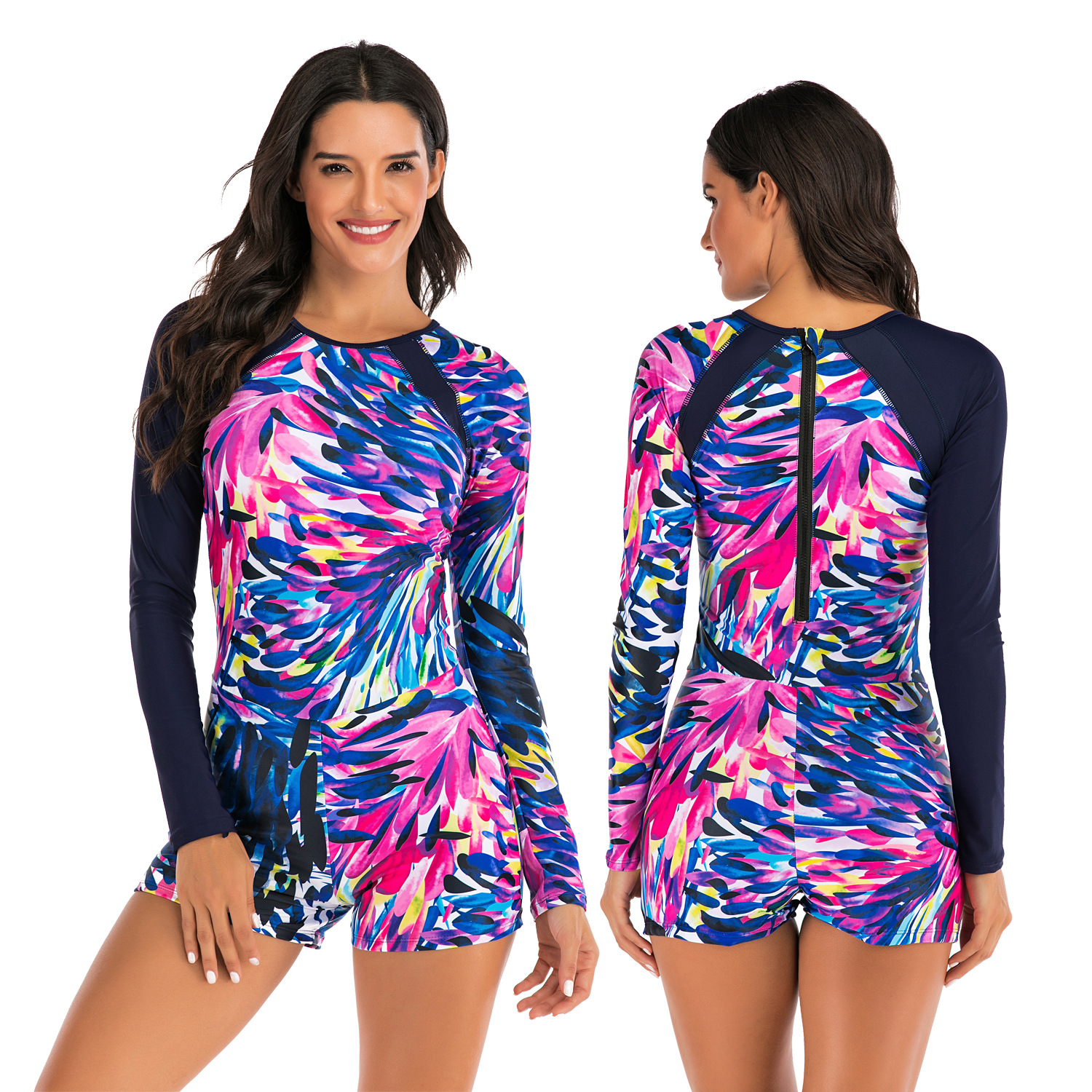 Europe and the United States foreign trade one-piece long sleeve surfing suit sunscreen women's swimsuit hot spring diving suit sexy swimsuit Oni flower 7791