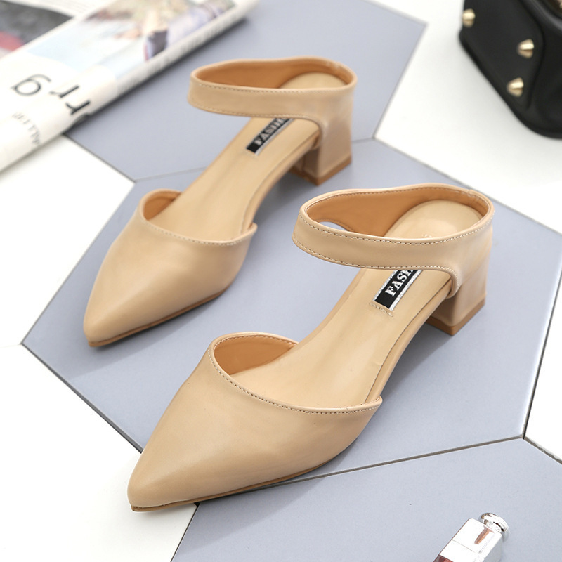 2020 Spring and Summer Korean Style New Style Baotou Mid-heel Sandals and Slippers Women's Pointed One-toe Chunky Half-heel Slippers Trendy