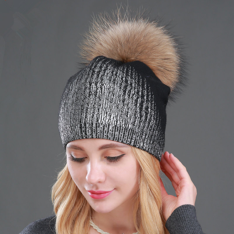 European and American Foreign Trade winter warm wool knitted hat women's gilding Silver Women's hat raccoon ball fur wool hat