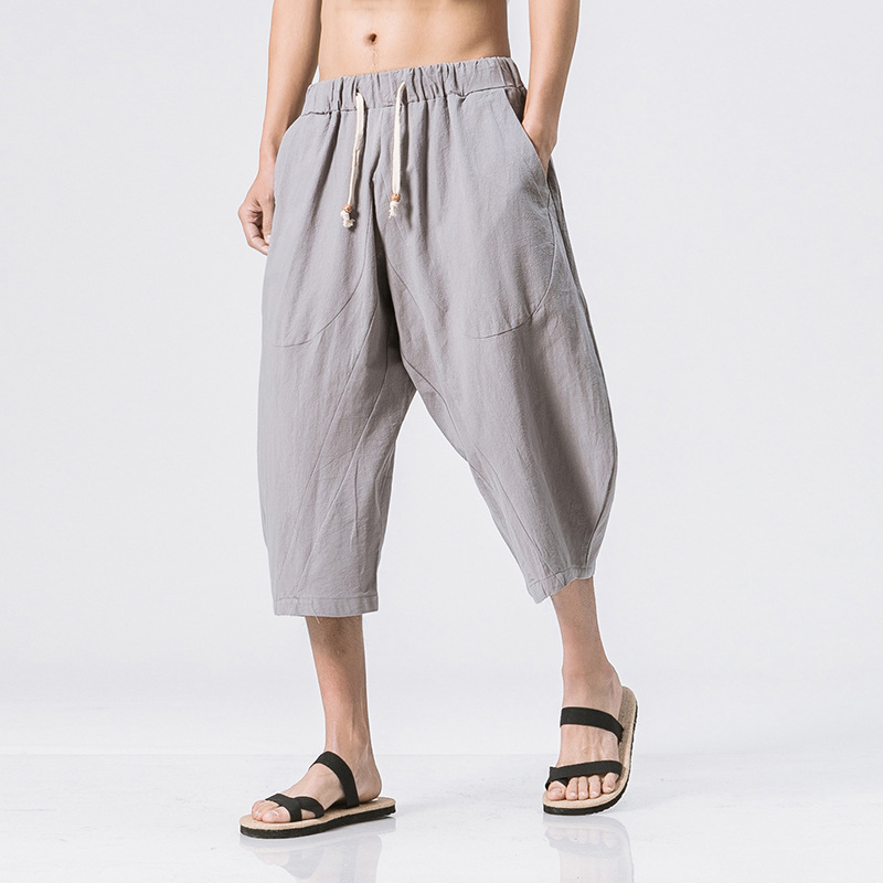 Summer New Chinese Style Large Size Harem Pants Men's Fashion Linen Men's Capri Pants Trendy Loose Cotton and Linen Men's Pants