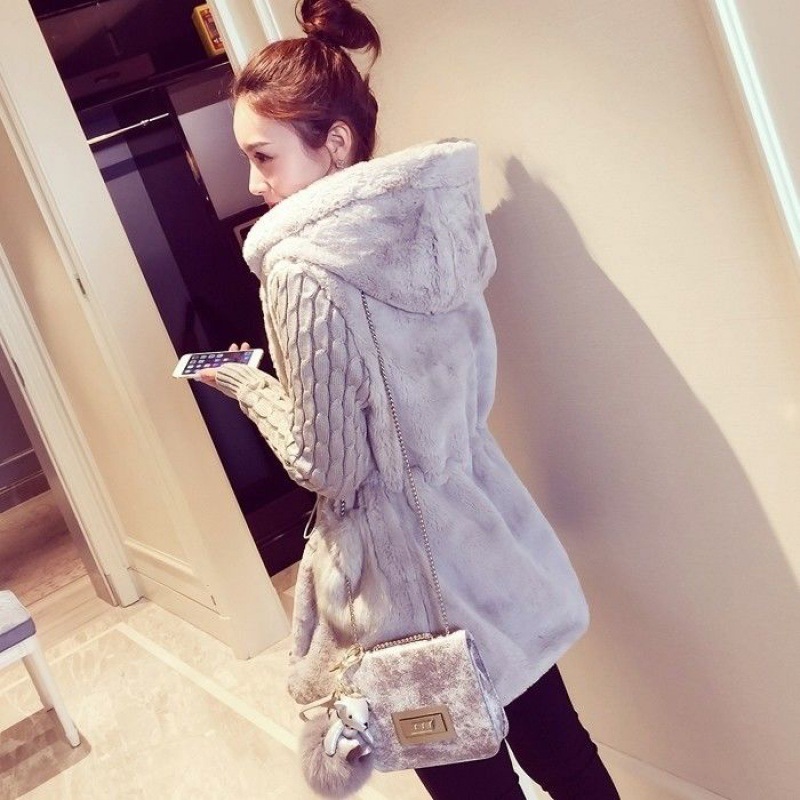 2024 Autumn and Winter New Fashion Knitted Stitching Plush Faux Fur Thickened Hooded Jacket for Women