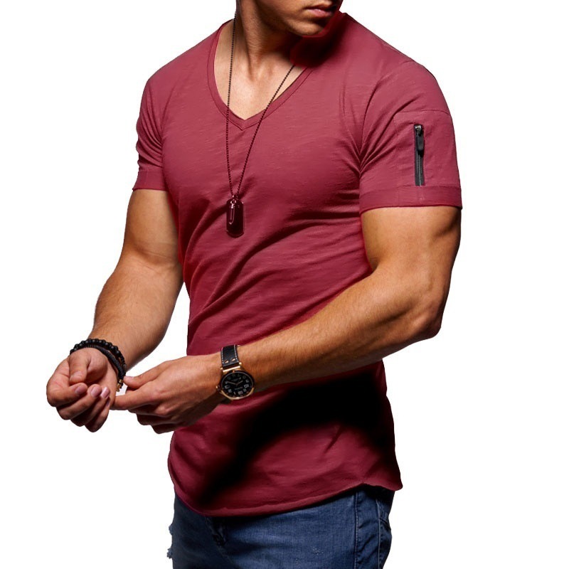 Men's T-shirt Cross-border Clothing European and American Foreign Trade Men's V-neck Solid Color Large Size Casual Short-sleeved T-shirt