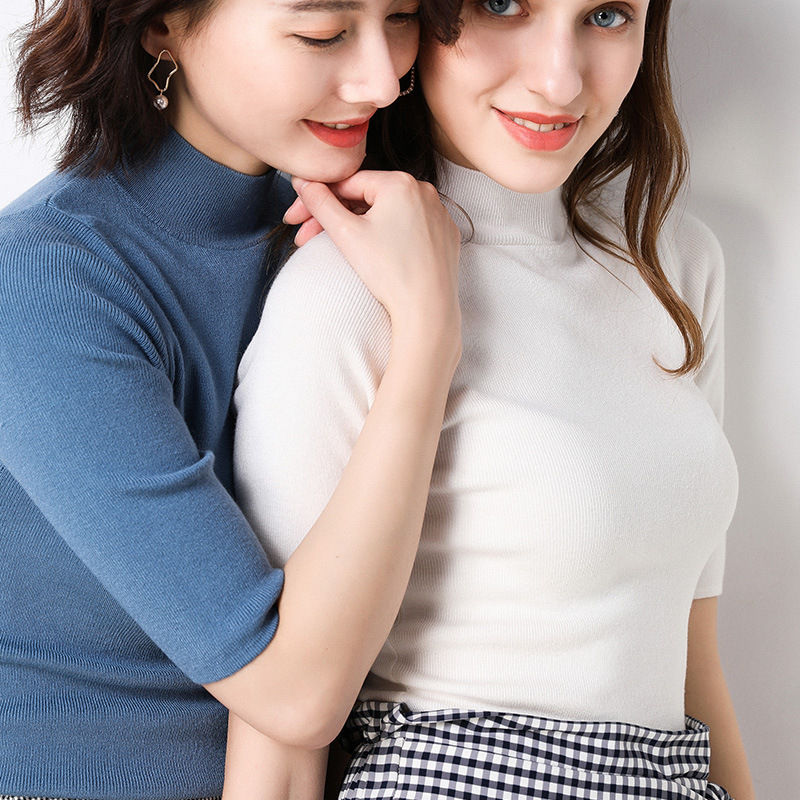 White T-shirt Women's Spring 2022 New Korean-style Half-sleeve Solid Color Slim-fit Middle-sleeve Top with 5-sleeve Knit Sweater